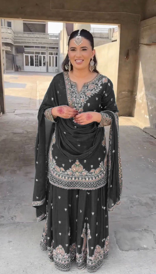 Black Chinon Silk Thread Work Suit with Sequins and Lace Border Dupatta