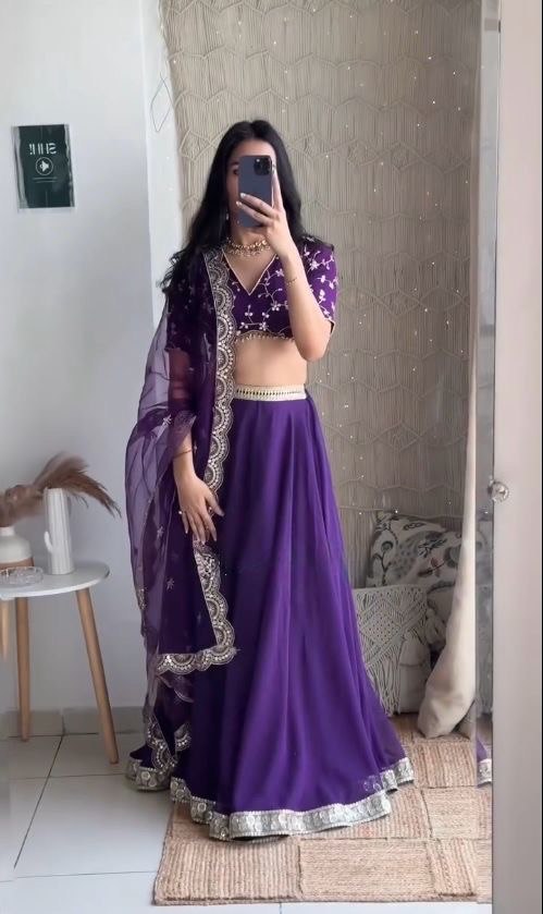 Purple Faux Georgette Semi-Stitched Lehenga Set with 4.5 Meter Flair & Cutwork Dupatta