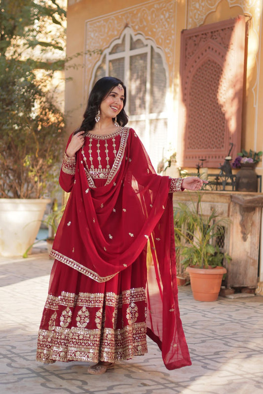 Red Faux Blooming Embroidered Gown with Dupatta – Zari & Sequin Work