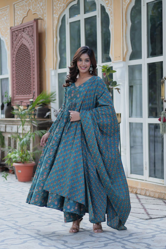 Blue Pure Cotton V-Neck Suit Set with Full Sleeves & Dupatta