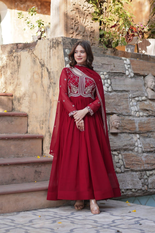 Maroon Faux Blooming Sequins & Beads Embroidered Gown with Dupatta