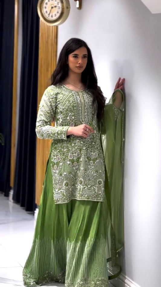 Pure Chinnon Silk Embroidered Sharara Suit with Dupatta – Fully Stitched