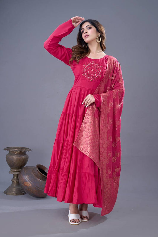 Elegant Rani Pink Roman Silk Gown Set | Festive & Wedding Wear