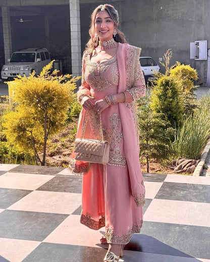Heavy Pure Chinnon Pink Sharara Suit with Embroidery Sequence and Dupatta – Fully Stitched