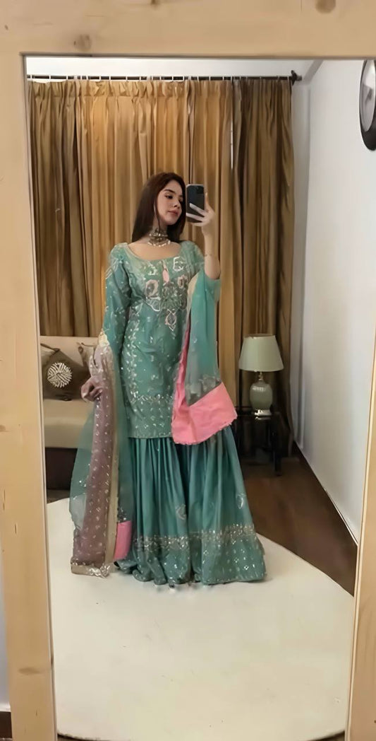 Heavy Chinnon Silk Sharara Suit with Embroidery Sequence Work and Net Dupatta