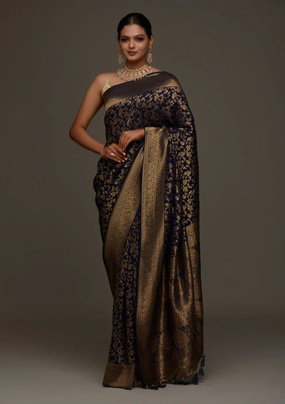 Banarasi Navy Blue Soft Silk Saree with Jacquard Border Blouse