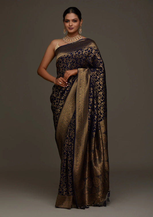 Banarasi Navy Blue Soft Silk Saree with Jacquard Border Blouse