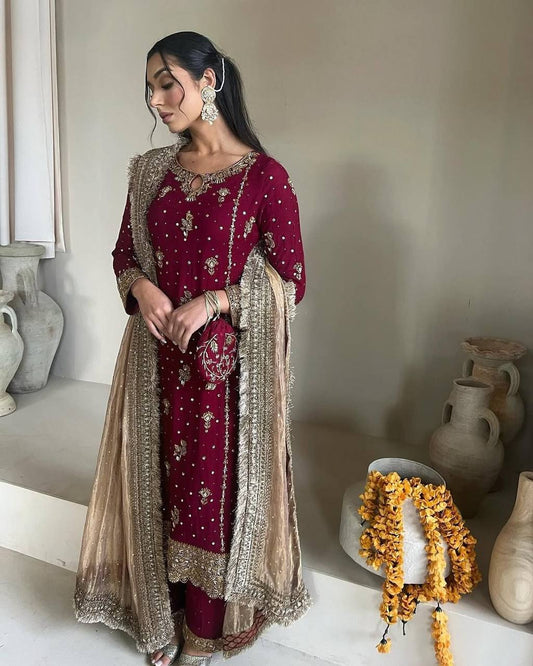 Red Faux Georgette 5mm Embroidery Sequence Work Top, Pant & Dupatta Set
