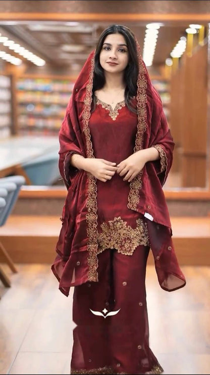 Maroon Jimmy Choo Silk Embroidered Suit with Dupatta