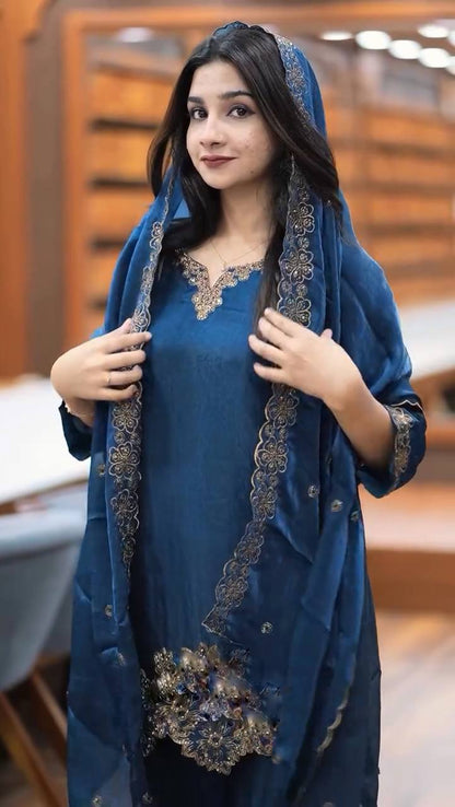 Blue Jimmy Choo Silk Embroidered Suit with Dupatta