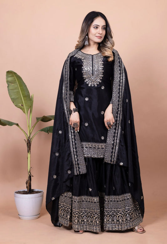 Black Chinon Sharara Suit with Heavy Embroidery Work
