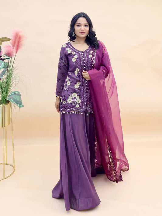 Purple Simar Silk Suit with Sequins Embroidery and Organza Dupatta