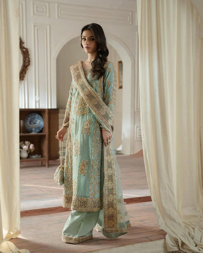 Heavy Fox Georgette Light Blue Sharara Suit with Codding Sequence Embroidery