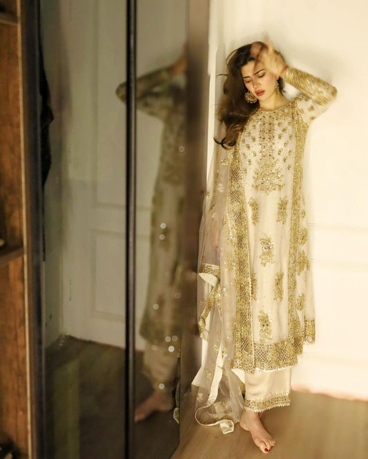 Heavy Fox Georgette White Sharara Suit with Codding Sequence Embroidery