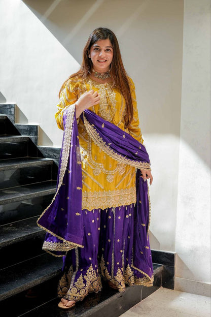 Heavy Yellow Chinon Silk Sharara Suit with Embroidery and Printed Dupatta