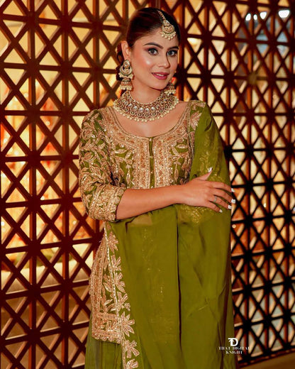 Elegant Heavy Green Chinon Silk Sharara Suit with Embroidery & Printed Dupatta