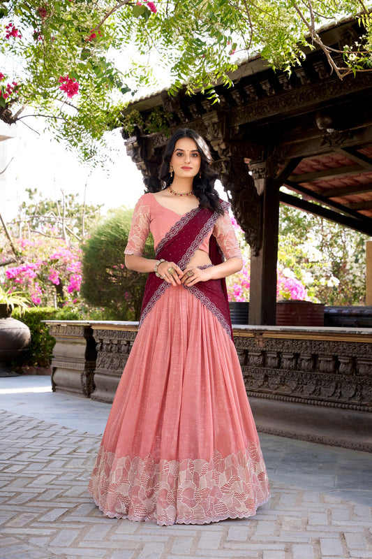 Silver Glosy Embroidered Peach Lehenga Set with Hotfix Rangoli Silk Dupatta