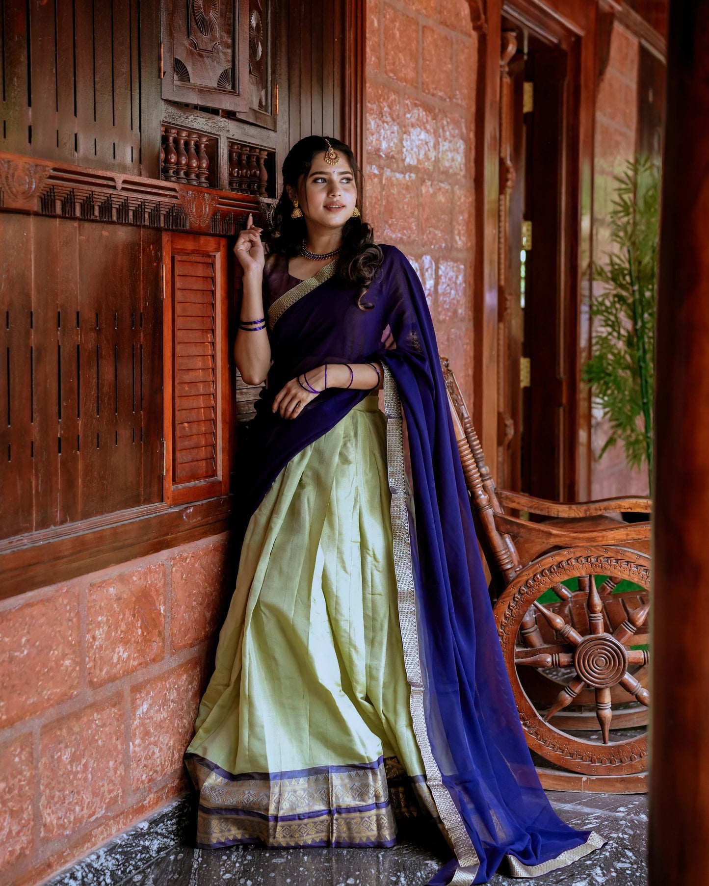 Kanchipuram Zari Weaving Lehenga Set with Georgette Lace Border Dupatta