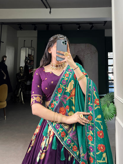 Purple Tussar Silk Printed Lehenga Set with Foil Work and Gotta Patti Dupatta