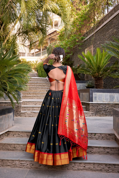 Black Jacquard Silk Paithani Lehenga Set with Zari Weaving and Tassel Dupatta