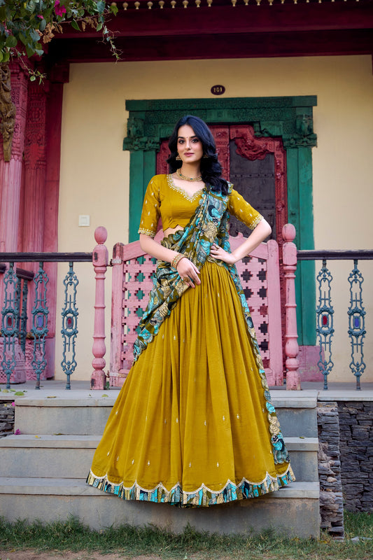 Mustard Yellow Vichitra Silk Lehenga Set with Kalamkari Print Border & Tussar Silk Dupatta