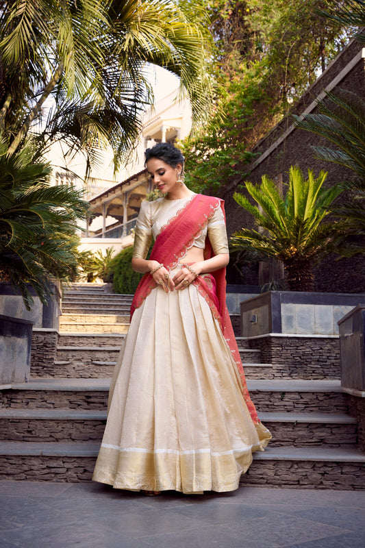 Jacquard Chex Lehenga Set with Zari Weaving and Embroidered Zari Shimmer Dupatta