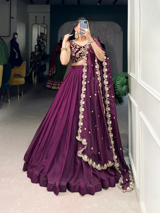 Elegant Purple Organza Lehenga with Embroidered Velvet Blouse and Dupatta