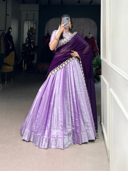 Lavender Jacquard Silk Lehenga Set with Weaving Work and Georgette Embroidered Dupatta