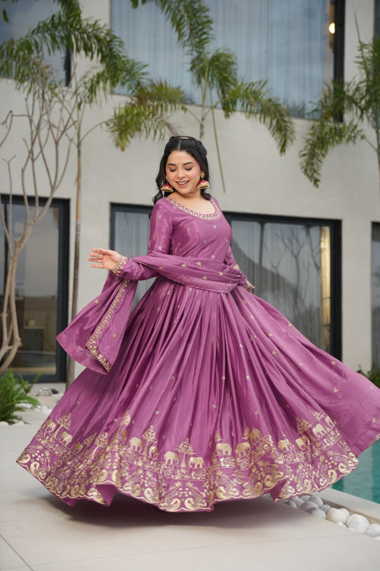 Lavender Chinnon Embroidered Gown with Sequins Dupatta
