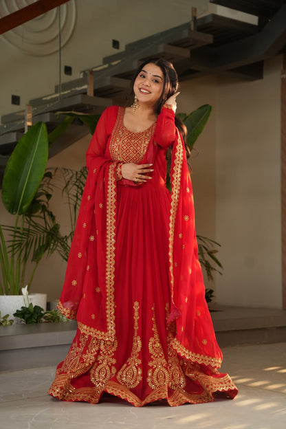 Red Fendy Chiffon 12-Kali Anarkali Gown with Embroidered Cut-Work Dupatta