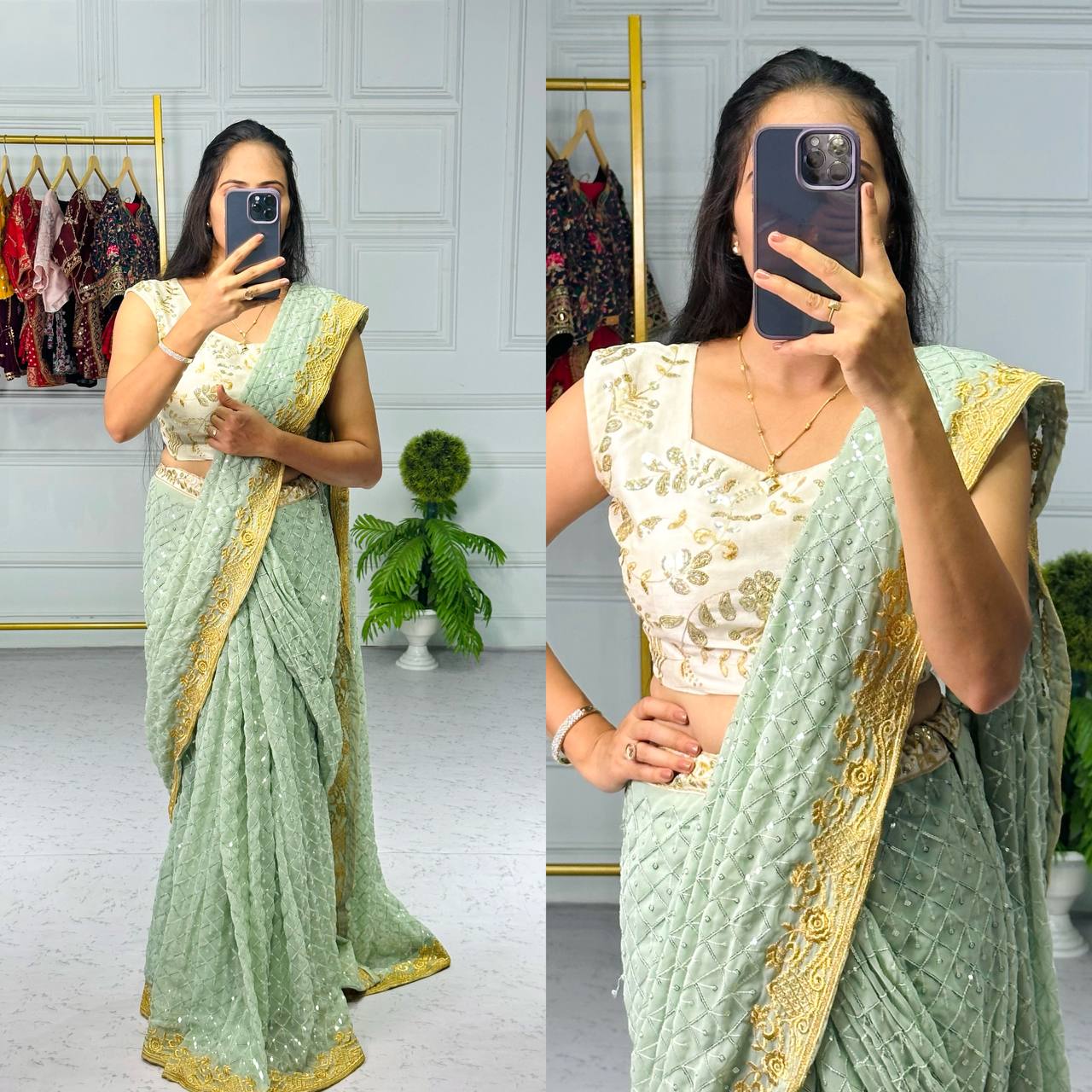 Sea Green Embroidered Saree with Contrast Border