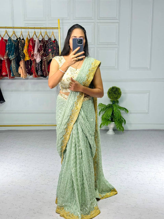 Sea Green Embroidered Saree with Contrast Border