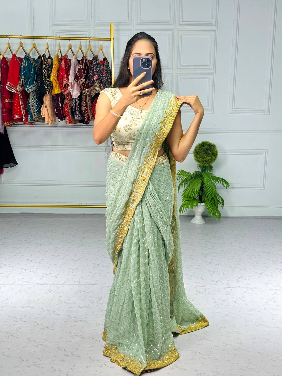 Sea Green Embroidered Saree with Contrast Border