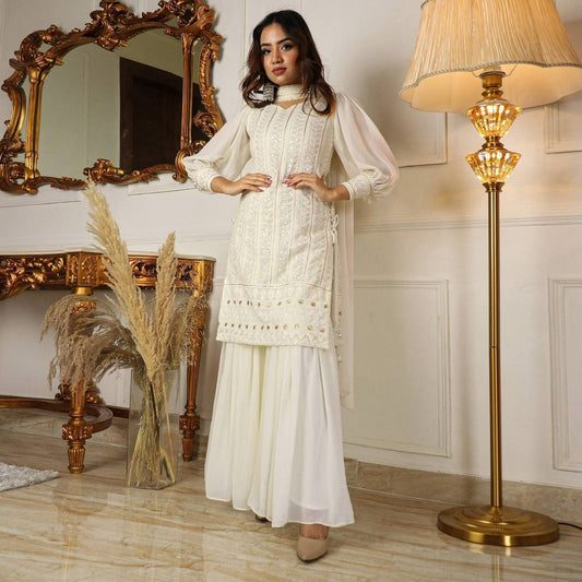 Lakhnavi Off White Kurta With Sharara & Dupatta Set By Stylish Ethnic