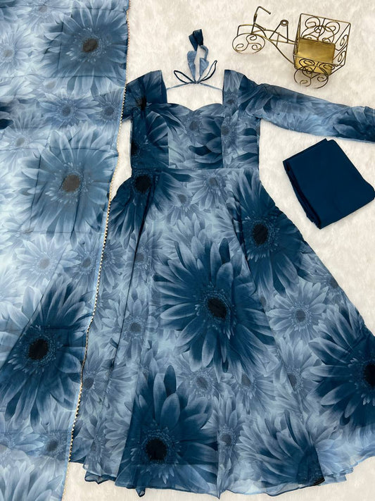 Prussian Blue Chiffon Floral Suit By Stylish Ethnic