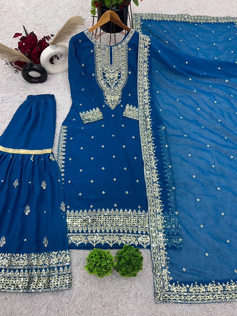 Firozi Blue Georgette Embroidery Sequence Work Top Sharara With Dupatta