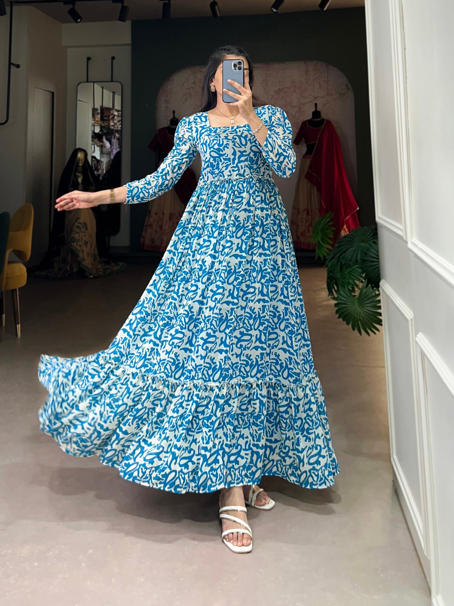 Sky Blue Color Stylish Party Wear Gown in Georgette With Digital Print