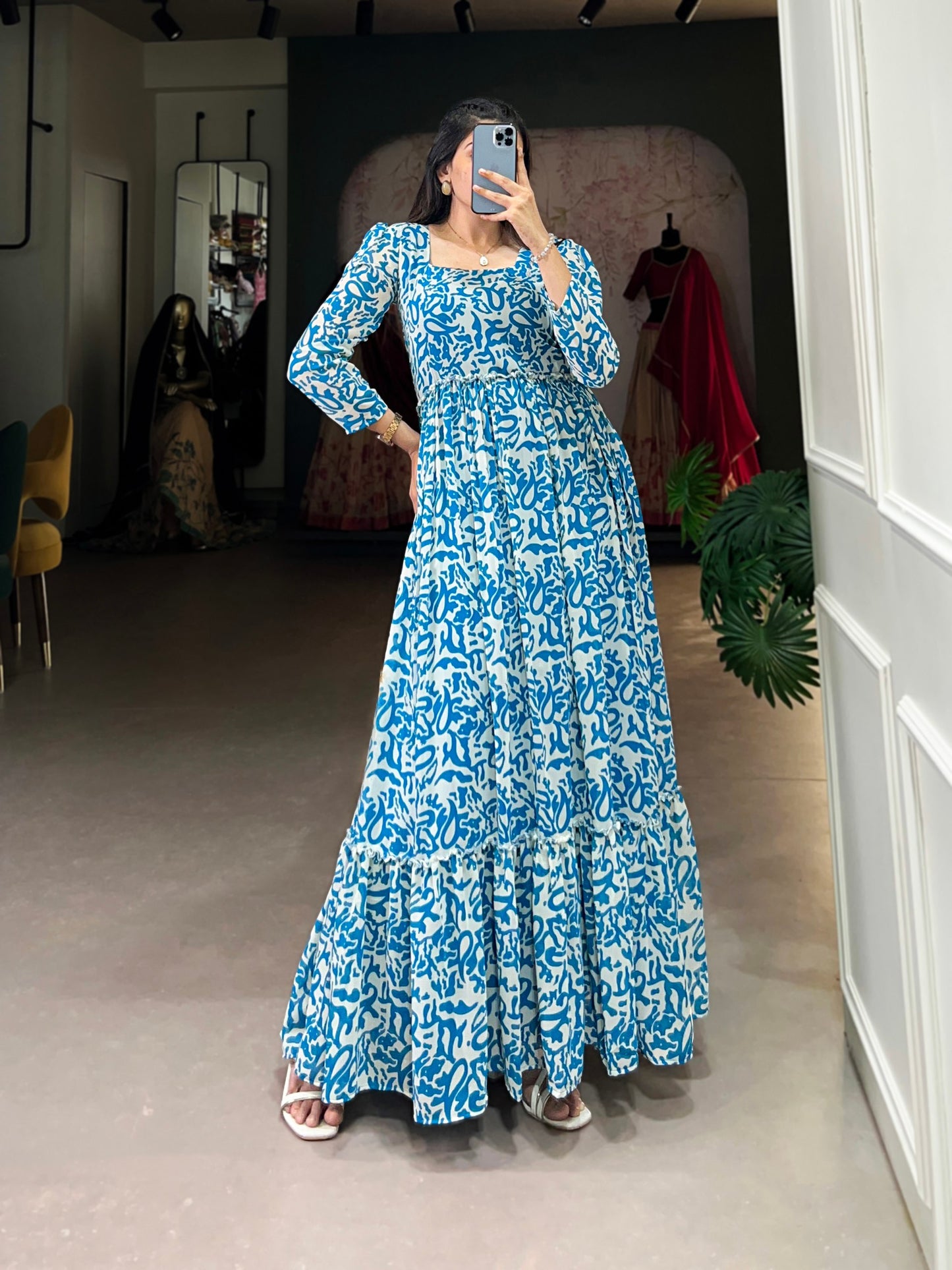 Sky Blue Color Stylish Party Wear Gown in Georgette With Digital Print