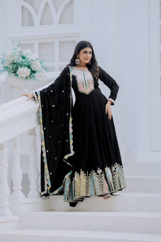Black Gown in Chinon With Beautiful Embroidery Sequence Work and Dupatta