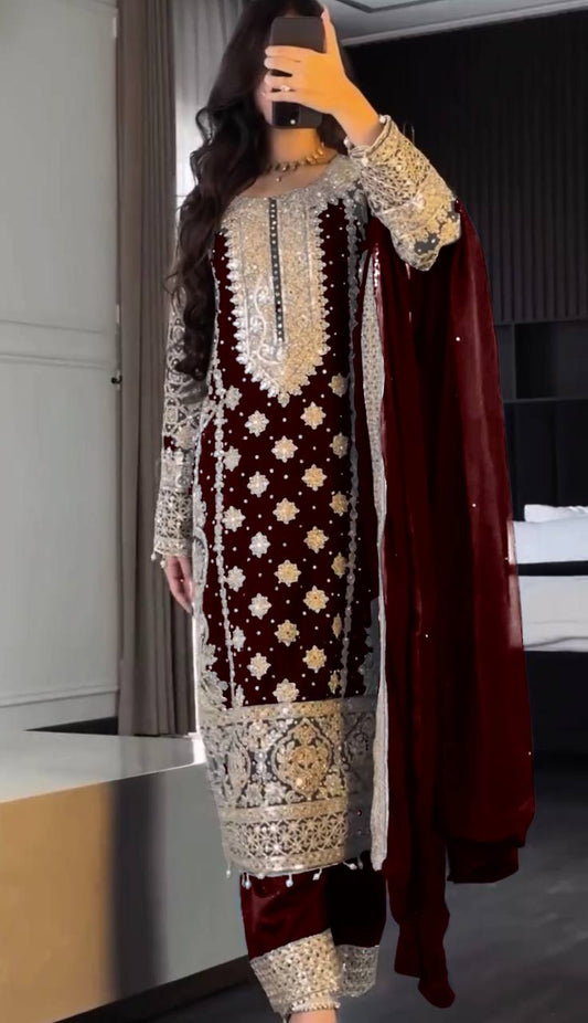 Maroon Georgette Zari Embroidery work Long Kurti Palazzo Dupatta Set