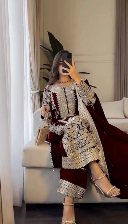 Maroon Georgette Zari Embroidery work Long Kurti Palazzo Dupatta Set