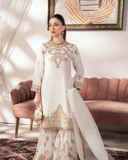 White Sharara Suit With Sequence Embroidery Work in Georgette With Dupatta