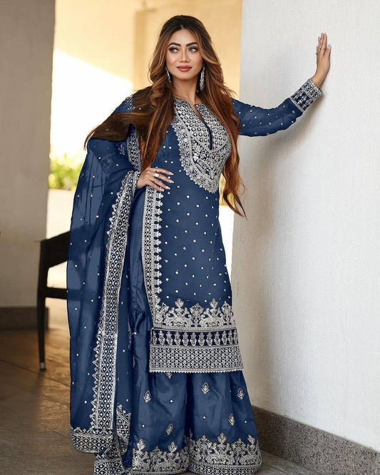 Heavy Faux Georgette Embroidered Blue Gharara Set with Dupatta – Fully Stitched Ethnic Partywear for Women