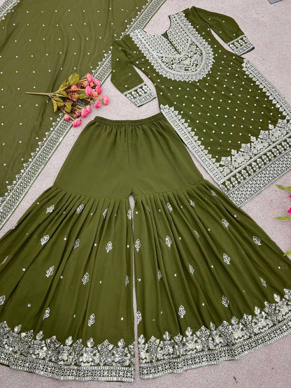 Heavy Faux Georgette Embroidered Mehendi Gharara Set with Dupatta – Fully Stitched Ethnic Partywear for Women