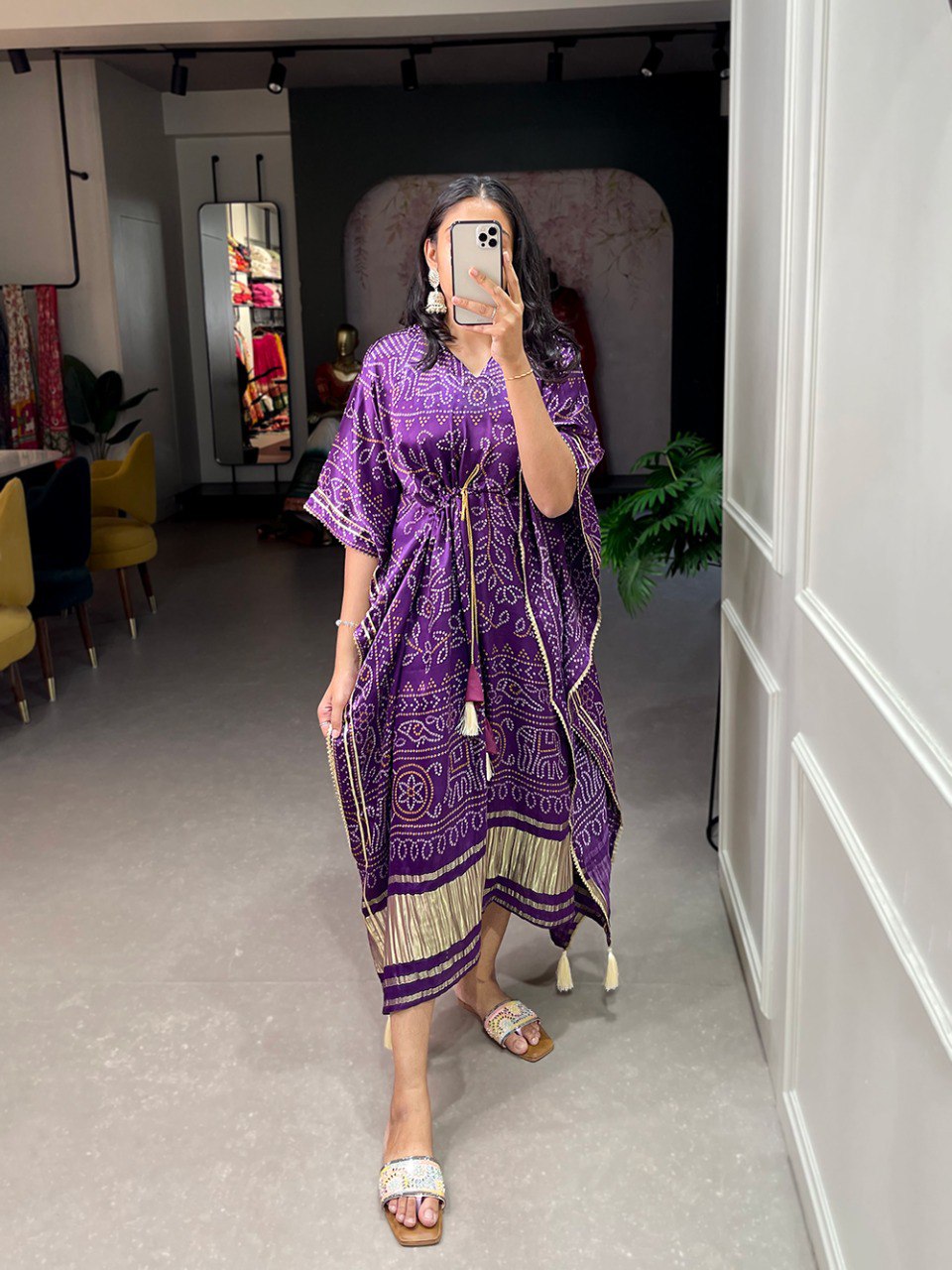 Purple Color Digital Bandhni Printed Pure Gaji Silk Kaftan Kurti