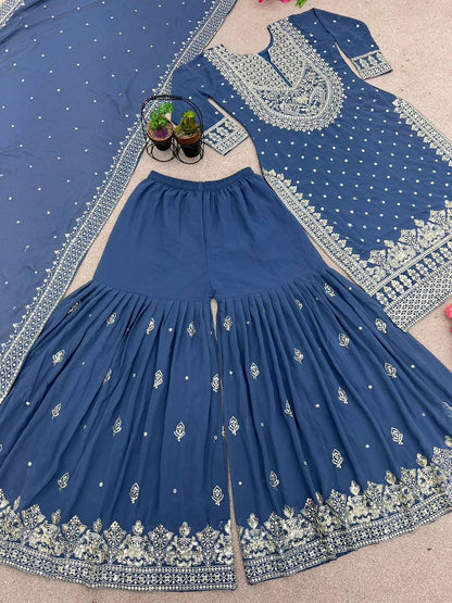 Heavy Faux Georgette Embroidered Blue Gharara Set with Dupatta – Fully Stitched Ethnic Partywear for Women