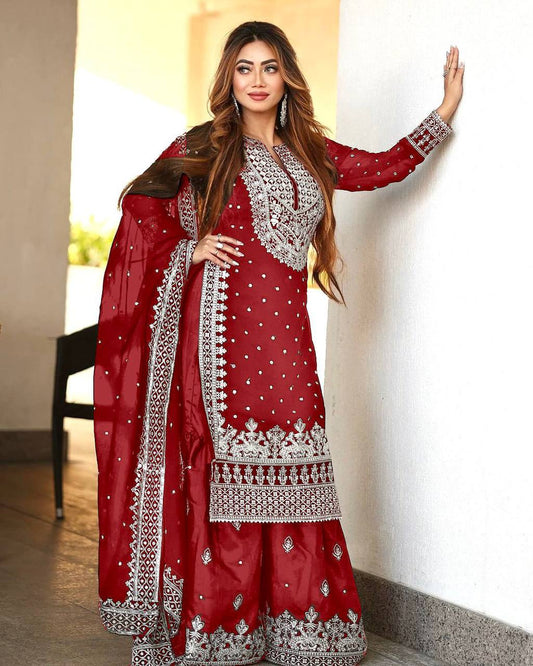 Heavy Faux Georgette Embroidered Red Gharara Set with Dupatta – Fully Stitched Ethnic Partywear for Women