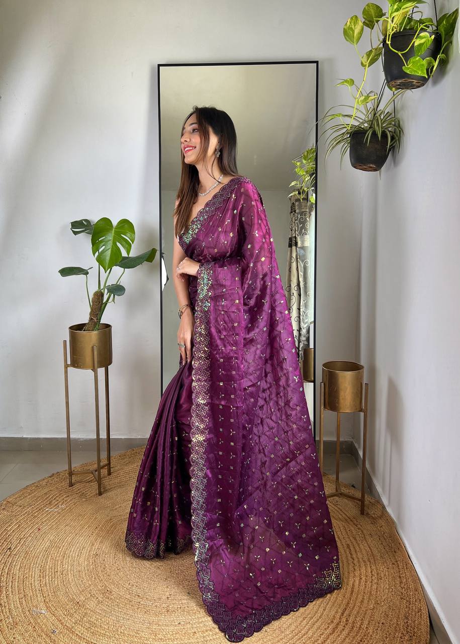 Women's Soft Geemichu Silk Purple Ethnic Saree With Un stich Blouse Piece