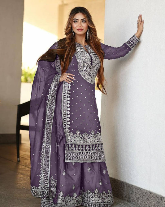 Heavy Faux Georgette Embroidered Lavender Gharara Set with Dupatta – Fully Stitched Ethnic Partywear for Women