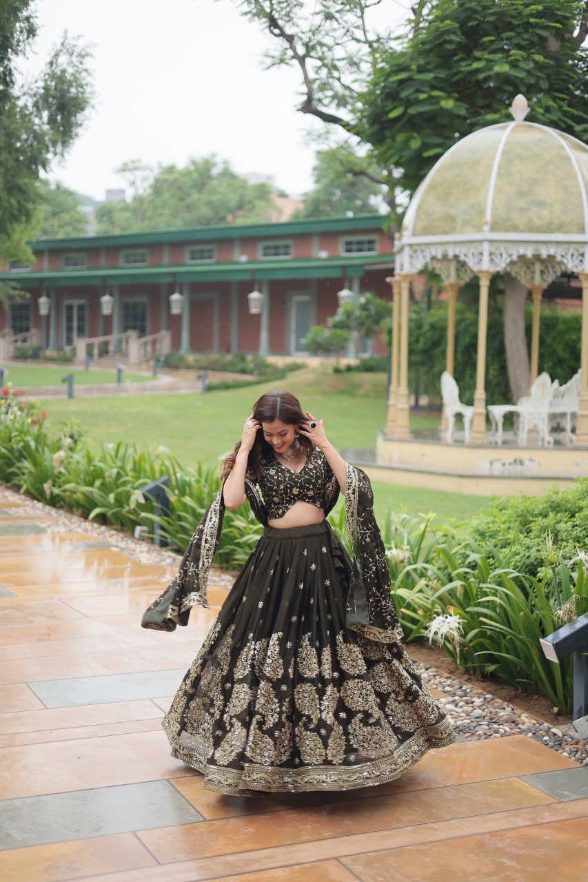 Green Rangoli Silk Embroidered Lehenga Set By Stylish Ethnic